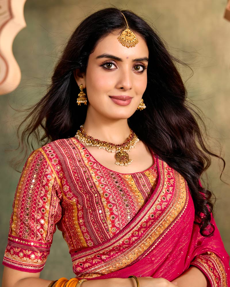 Vishal Prints Dark Red Pink Designer Shimmer-Chiffon Traditional Saree With Diamond Work And Fancy Embroidery Border