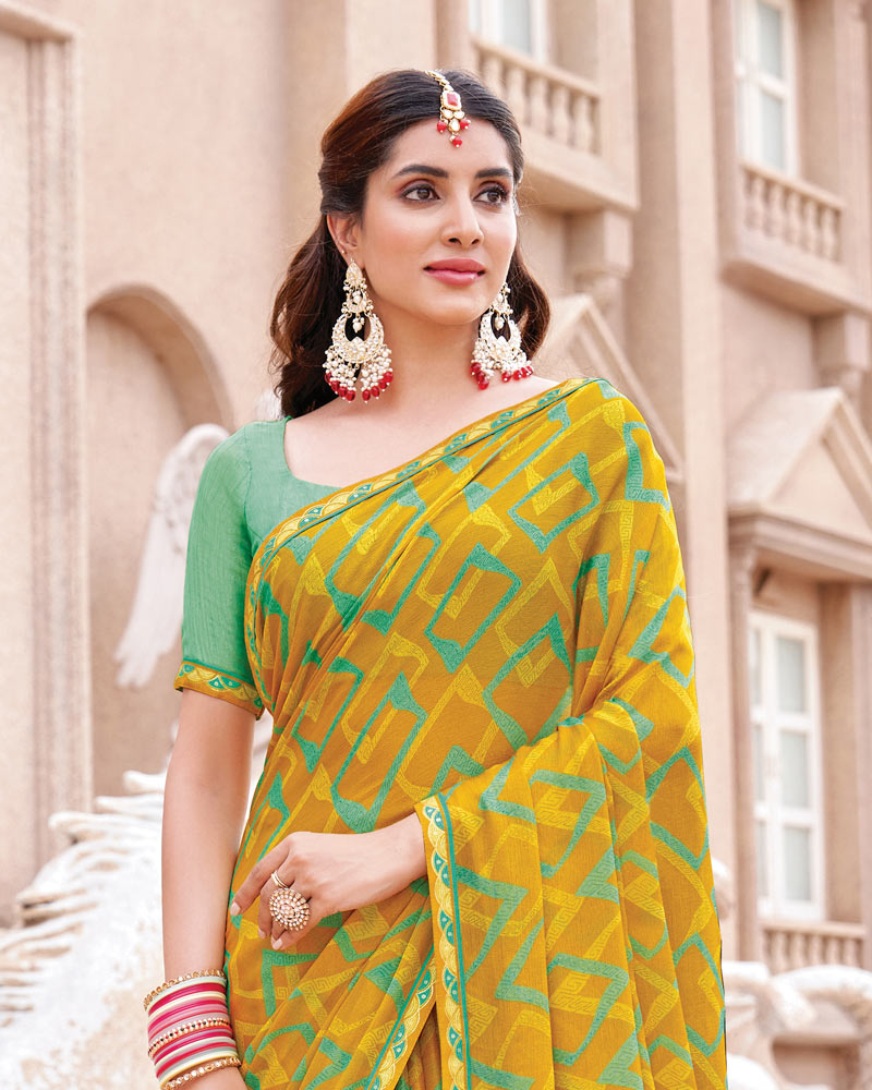 Vishal Prints Yellow Mustard Printed Brasso Saree With Fancy Border