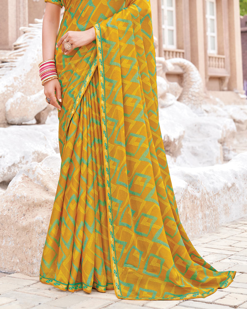 Vishal Prints Yellow Mustard Printed Brasso Saree With Fancy Border
