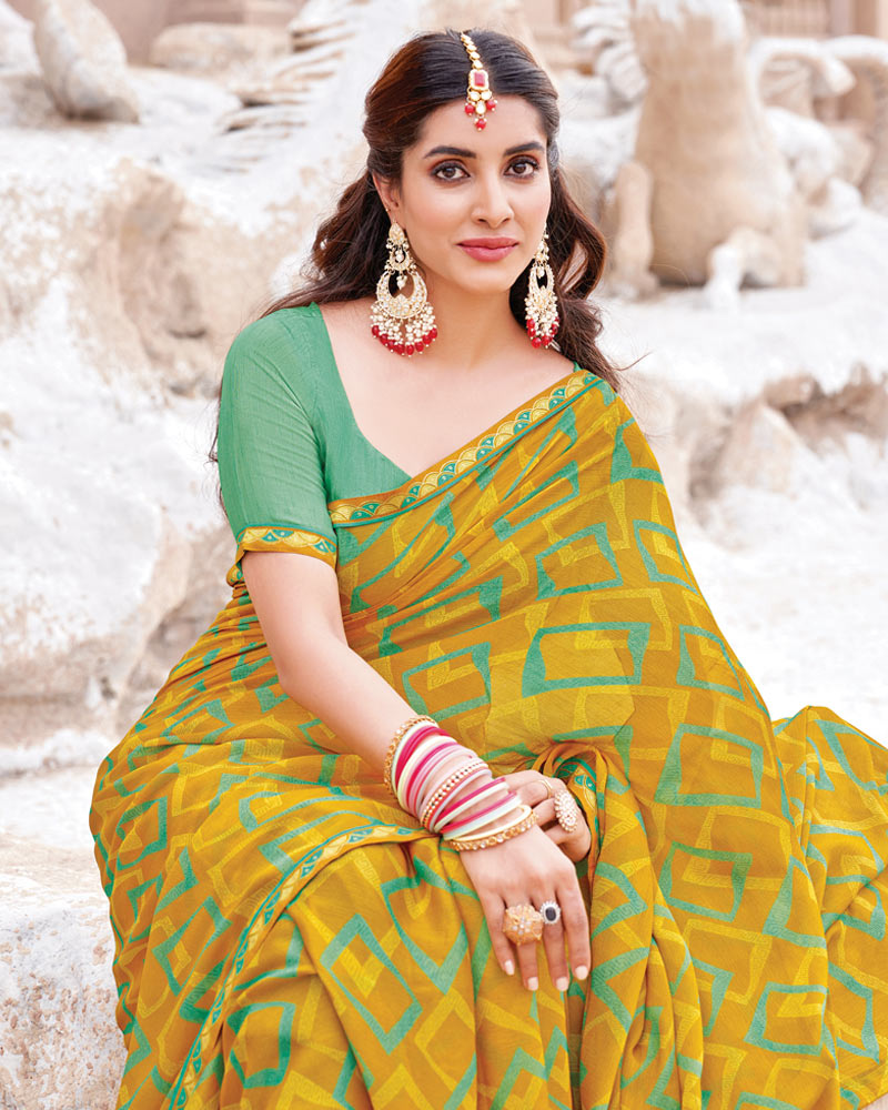Vishal Prints Yellow Mustard Printed Brasso Saree With Fancy Border