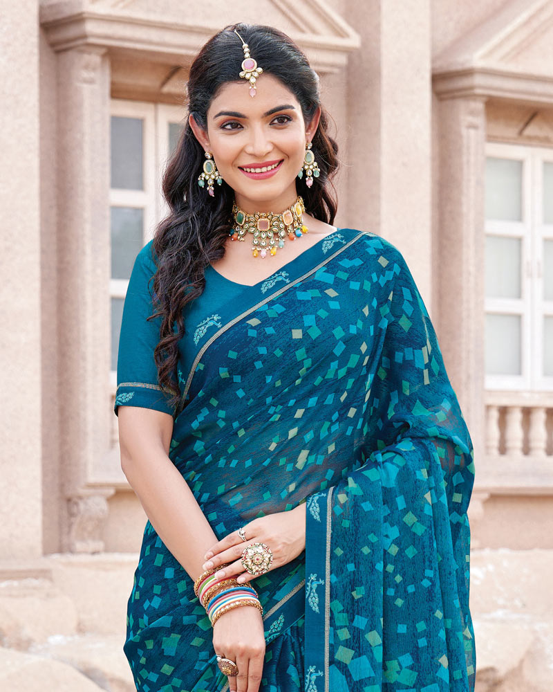 Vishal Prints Dark Aqua Blue Printed Brasso Saree With Fancy Border