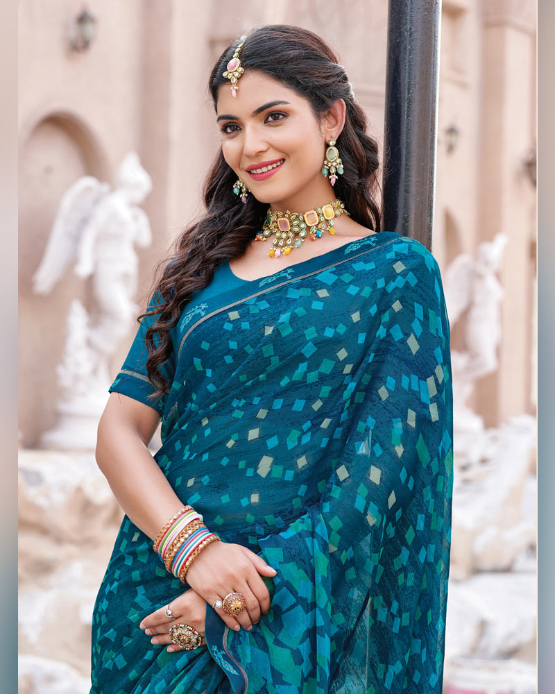 Vishal Prints Dark Aqua Blue Printed Brasso Saree With Fancy Border
