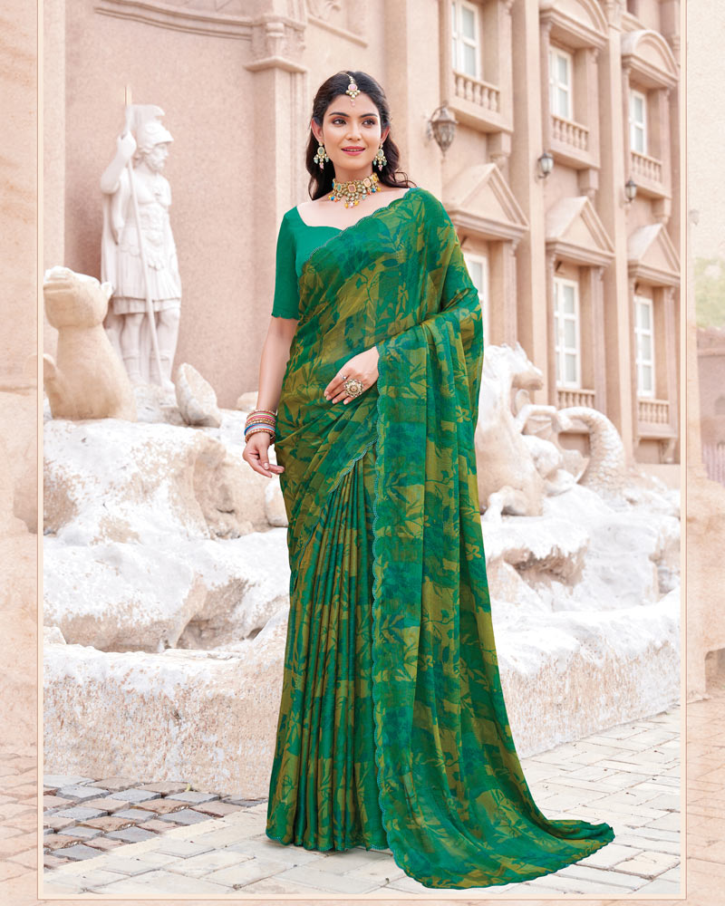 Vishal Prints Dark Spring Green Printed Brasso Saree With Fancy Border