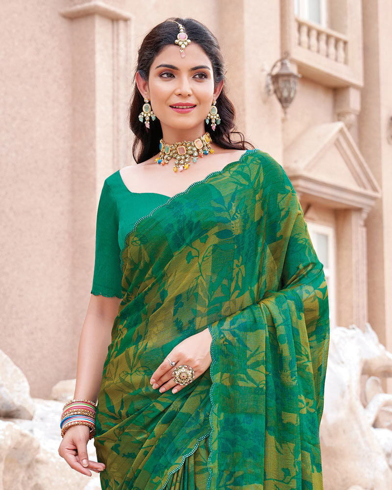 Vishal Prints Dark Spring Green Printed Brasso Saree With Fancy Border