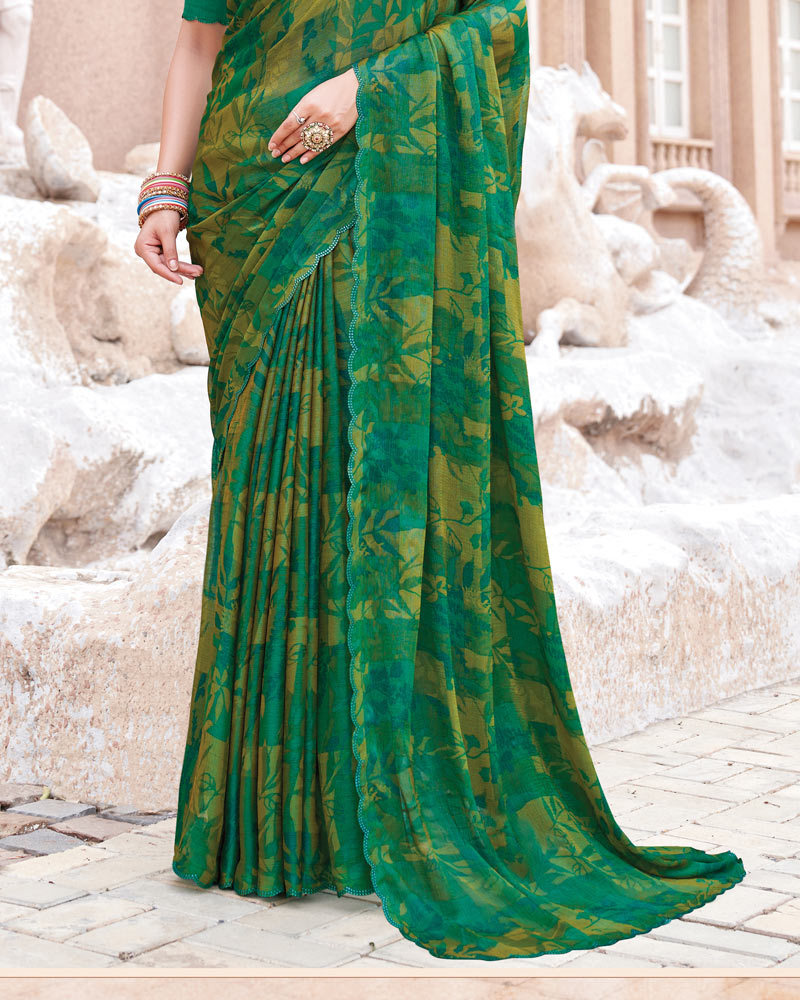 Vishal Prints Dark Spring Green Printed Brasso Saree With Fancy Border