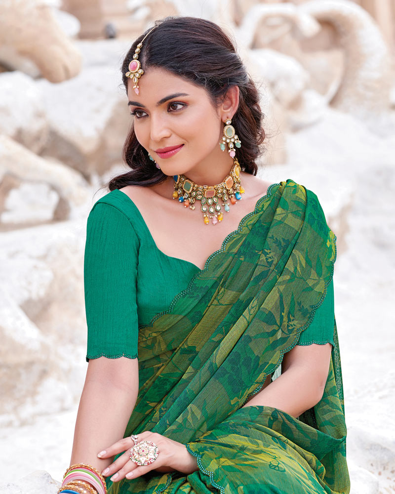Vishal Prints Dark Spring Green Printed Brasso Saree With Fancy Border
