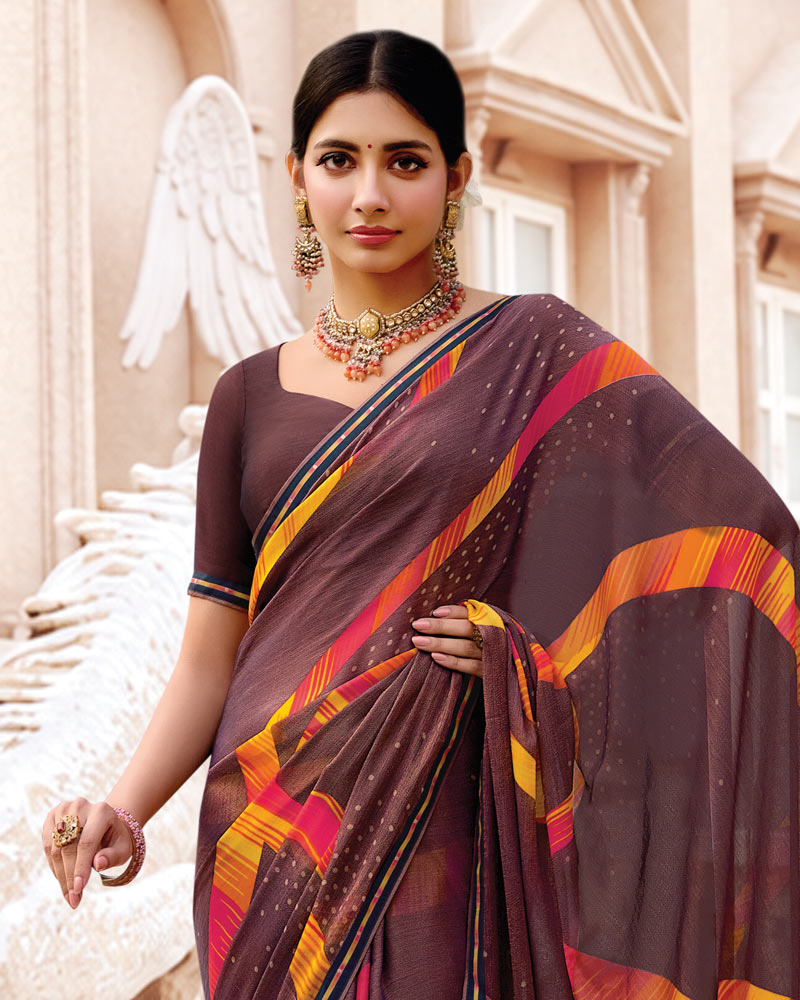 Vishal Prints Woody Brown Printed Brasso Saree With Fancy Border