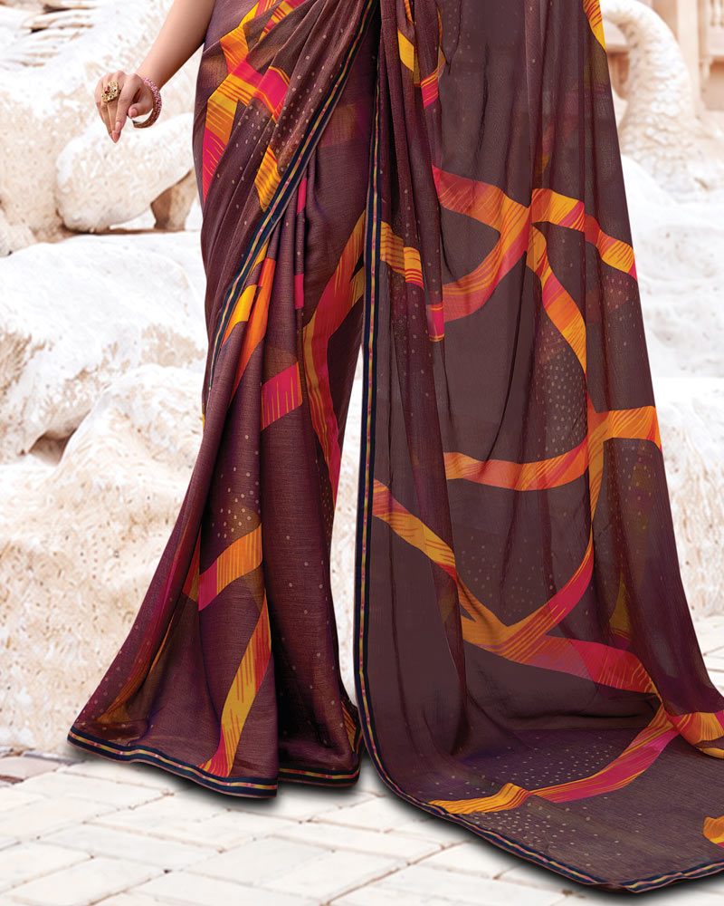 Vishal Prints Woody Brown Printed Brasso Saree With Fancy Border