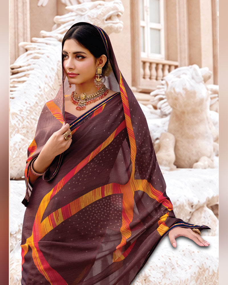 Vishal Prints Woody Brown Printed Brasso Saree With Fancy Border