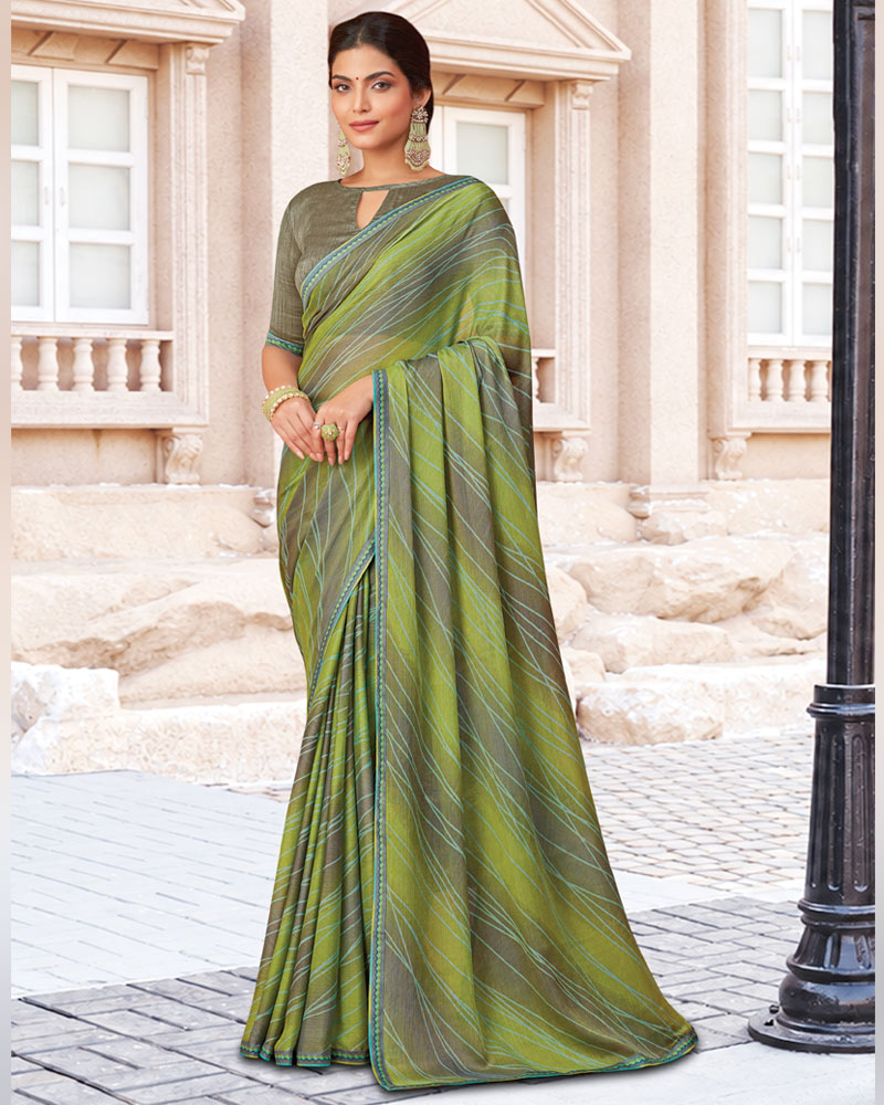 Vishal Prints Khaki Green Printed Brasso Saree With Fancy Border