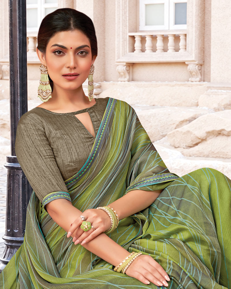 Vishal Prints Khaki Green Printed Brasso Saree With Fancy Border