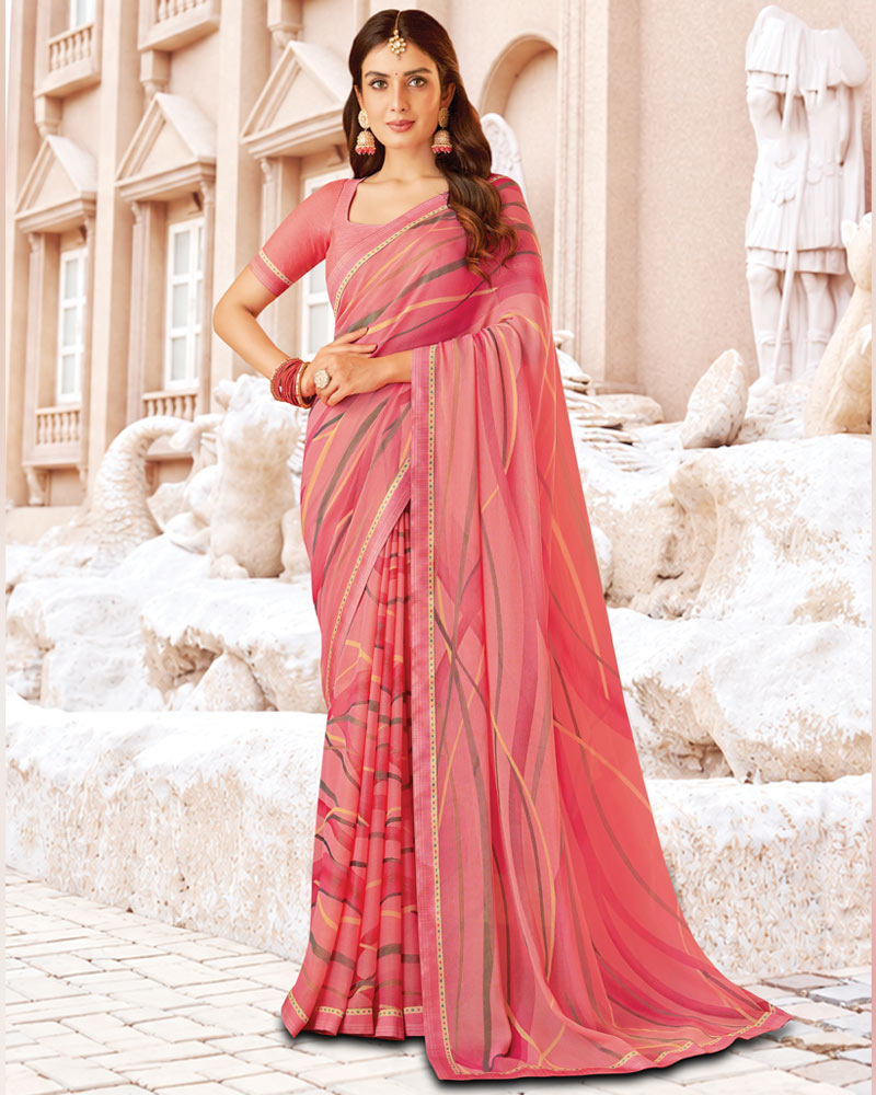 Vishal Prints Light Coral Pink Printed Brasso Saree With Fancy Border