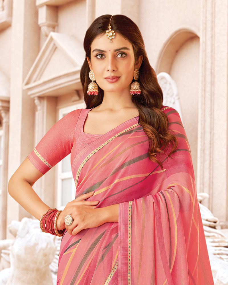 Vishal Prints Light Coral Pink Printed Brasso Saree With Fancy Border