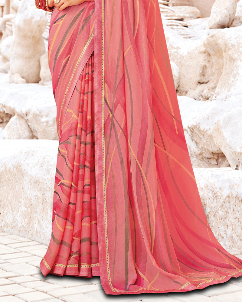 Vishal Prints Light Coral Pink Printed Brasso Saree With Fancy Border
