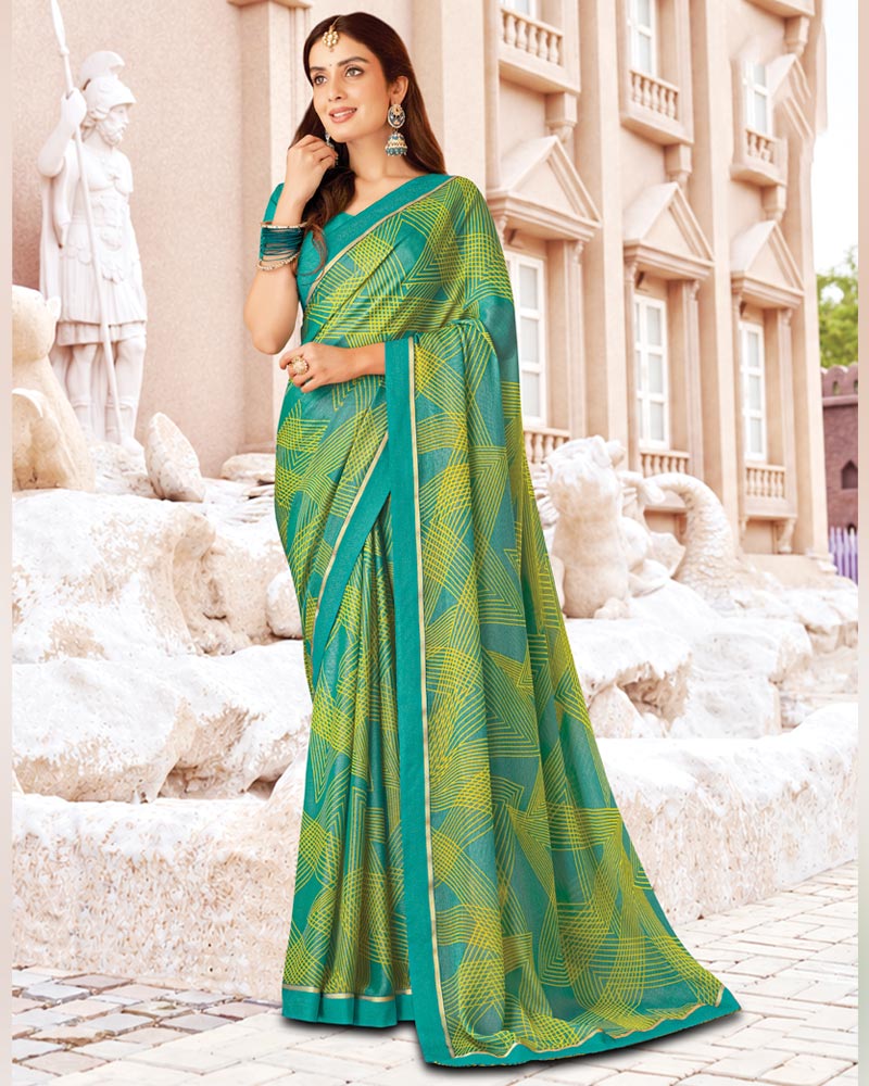 Vishal Prints Persian Green And Yellow Printed Brasso Saree With Fancy Border