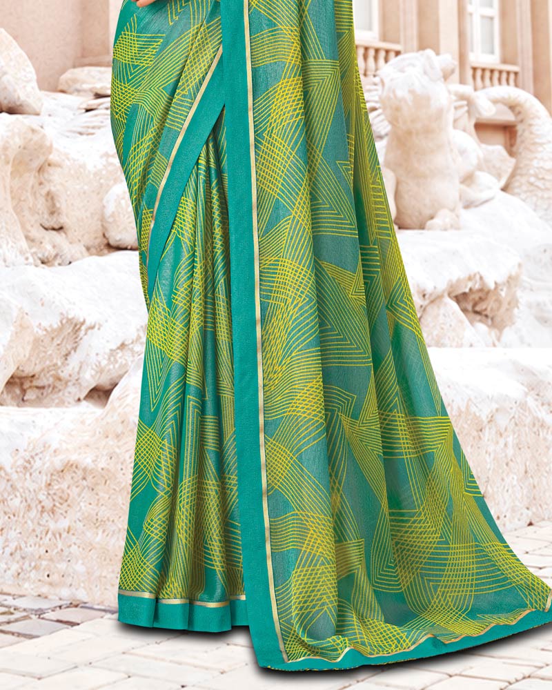 Vishal Prints Persian Green And Yellow Printed Brasso Saree With Fancy Border