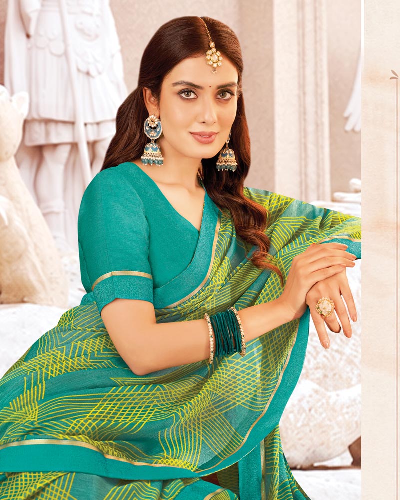 Vishal Prints Persian Green And Yellow Printed Brasso Saree With Fancy Border