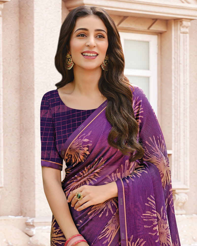 Vishal Prints Dark Purple Printed Brasso Saree With Fancy Border