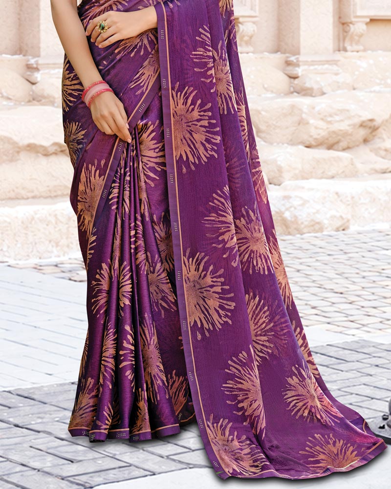 Vishal Prints Dark Purple Printed Brasso Saree With Fancy Border