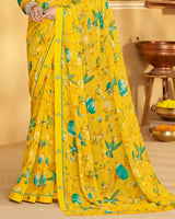Vishal Prints Dark Yellow Printed Georgette Saree With Fancy Border