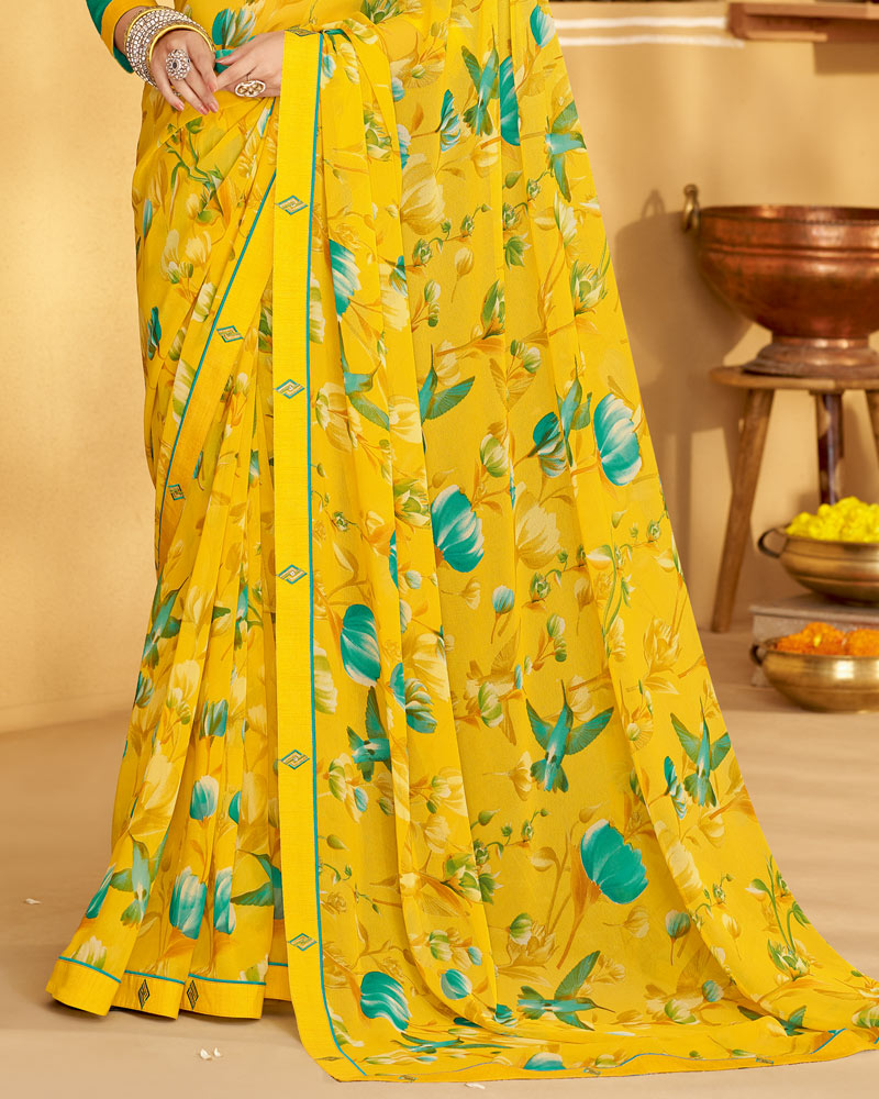 Vishal Prints Dark Yellow Printed Georgette Saree With Fancy Border