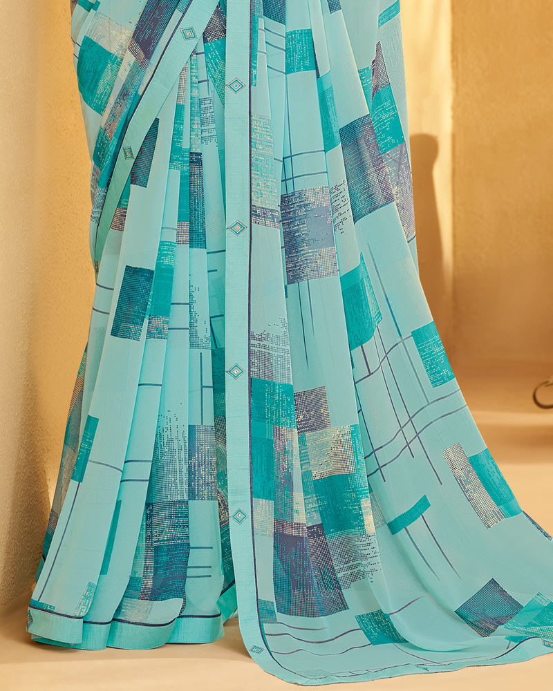 Vishal Prints Pastel Teal Green Printed Georgette Saree With Fancy Border