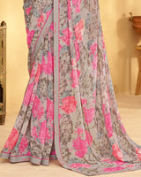 Vishal Prints Thatch Brown Printed Georgette Saree With Fancy Border