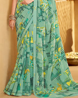 Vishal Prints Light Teal Green Printed Georgette Saree With Fancy Border
