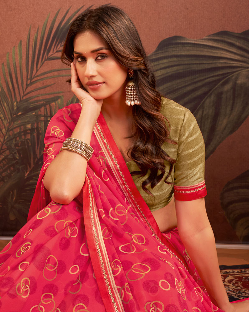 Vishal Prints Raspberry Pink Printed Georgette Saree With Fancy Border