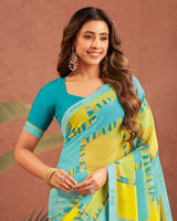 Vishal Prints Bluish Green Printed Georgette Saree With Fancy Border