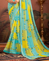 Vishal Prints Bluish Green Printed Georgette Saree With Fancy Border