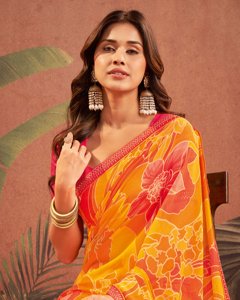 Vishal Prints Orange Printed Georgette Saree With Fancy Border