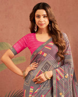 Vishal Prints Grey Printed Georgette Saree With Fancy Border