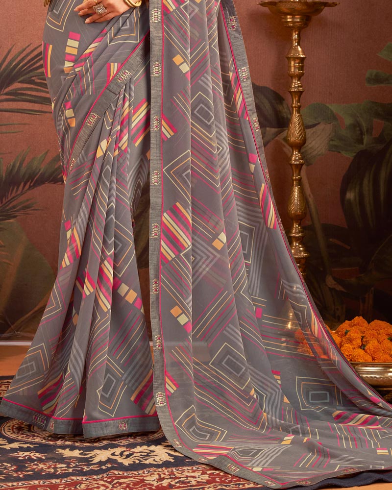 Vishal Prints Grey Printed Georgette Saree With Fancy Border