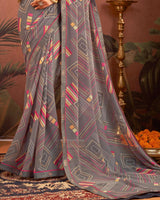 Vishal Prints Grey Printed Georgette Saree With Fancy Border