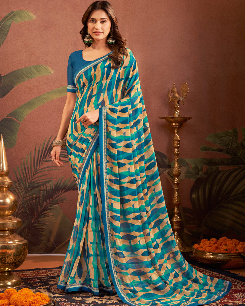 Vishal Prints Blue Beige Printed Georgette Saree With Fancy Border