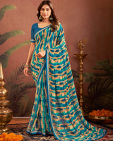 Vishal Prints Blue Beige Printed Georgette Saree With Fancy Border