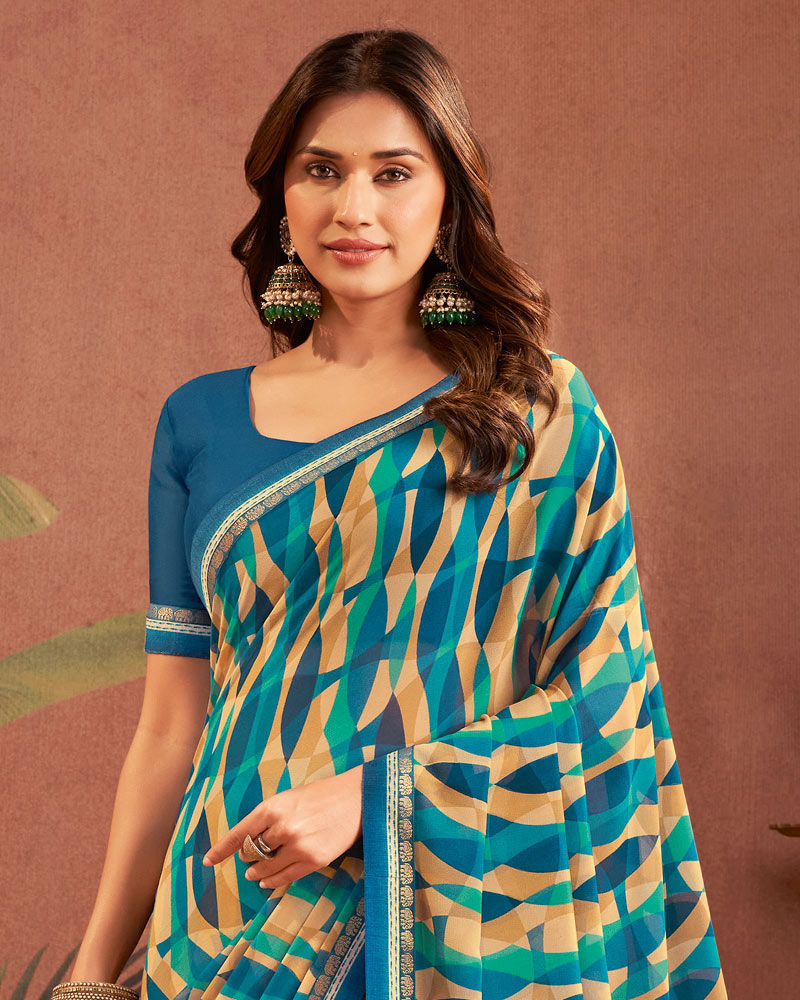 Vishal Prints Blue Beige Printed Georgette Saree With Fancy Border