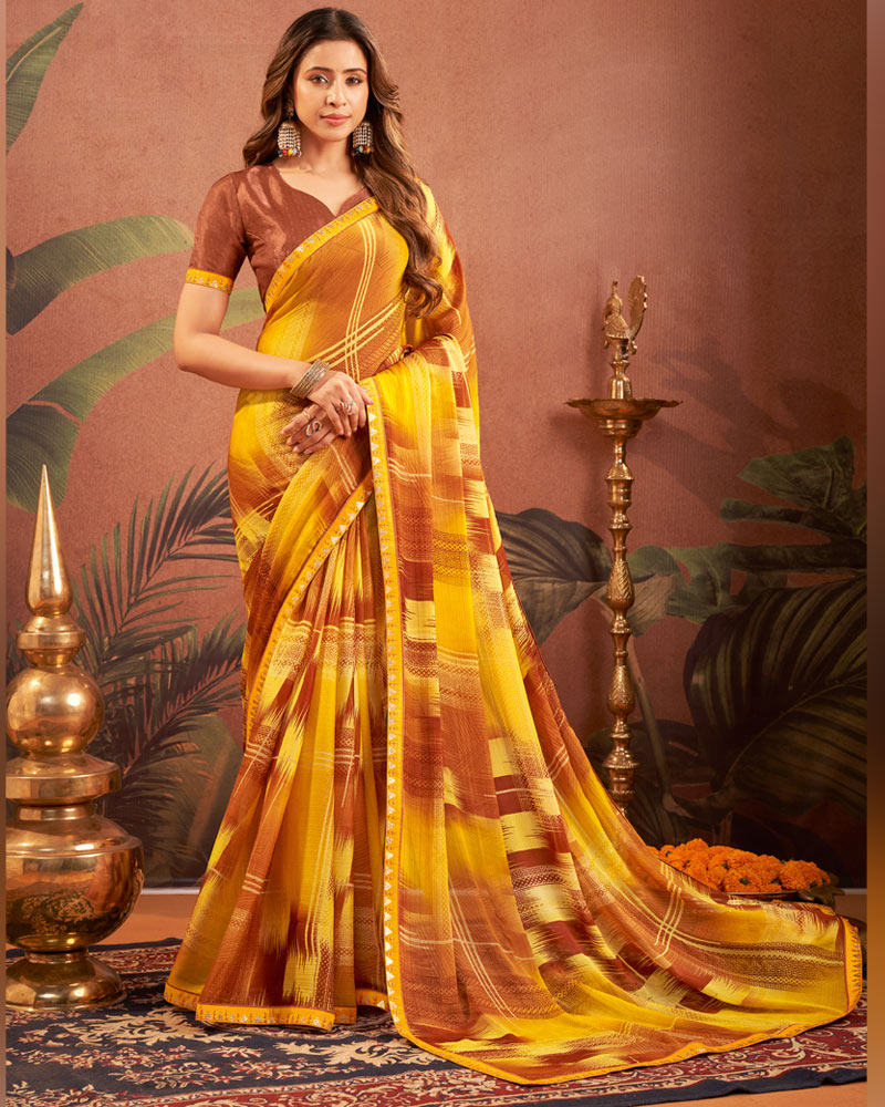 Vishal Prints Yellow Brown Printed Chiffon Saree With Fancy Border