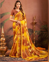 Vishal Prints Yellow Brown Printed Chiffon Saree With Fancy Border