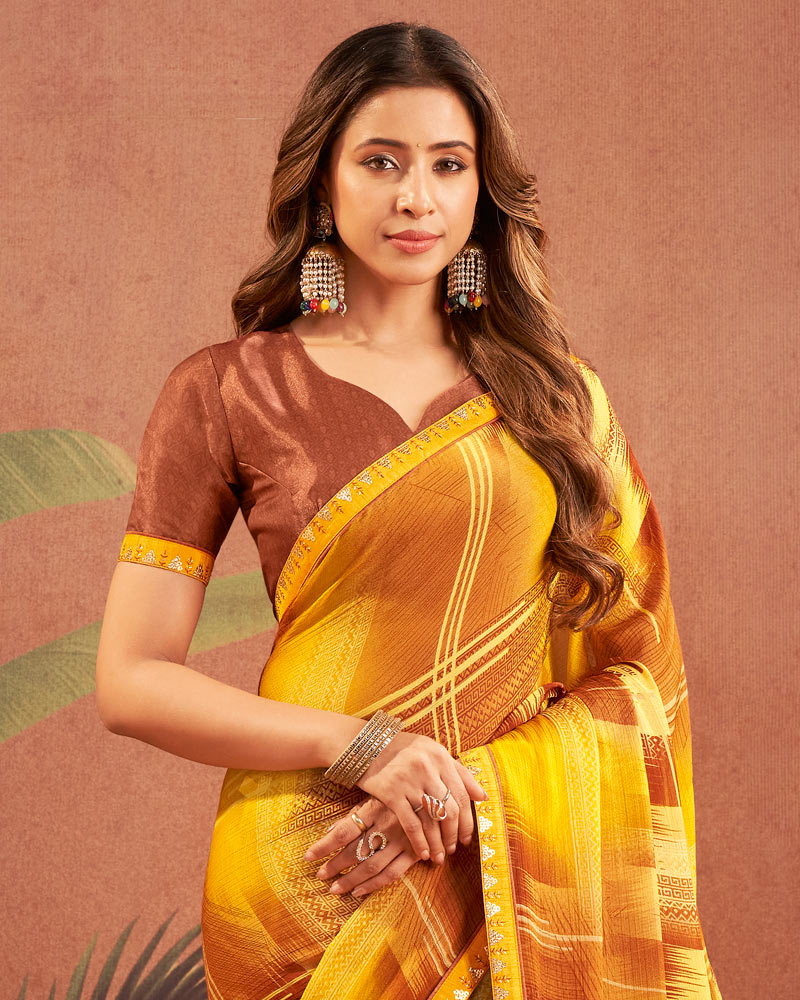 Vishal Prints Yellow Brown Printed Chiffon Saree With Fancy Border