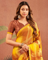 Vishal Prints Yellow Brown Printed Chiffon Saree With Fancy Border