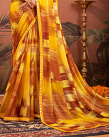 Vishal Prints Yellow Brown Printed Chiffon Saree With Fancy Border
