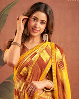 Vishal Prints Yellow Brown Printed Chiffon Saree With Fancy Border