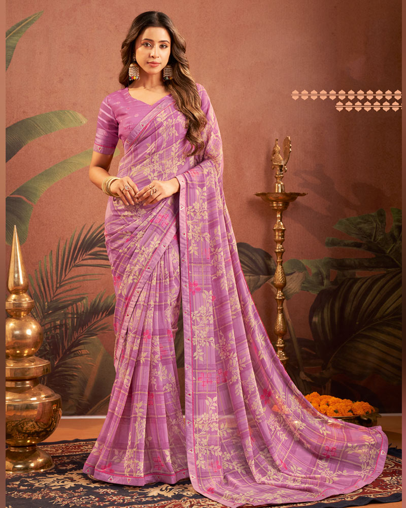 Vishal Prints Pale Violet Printed Georgette Saree With Fancy Border