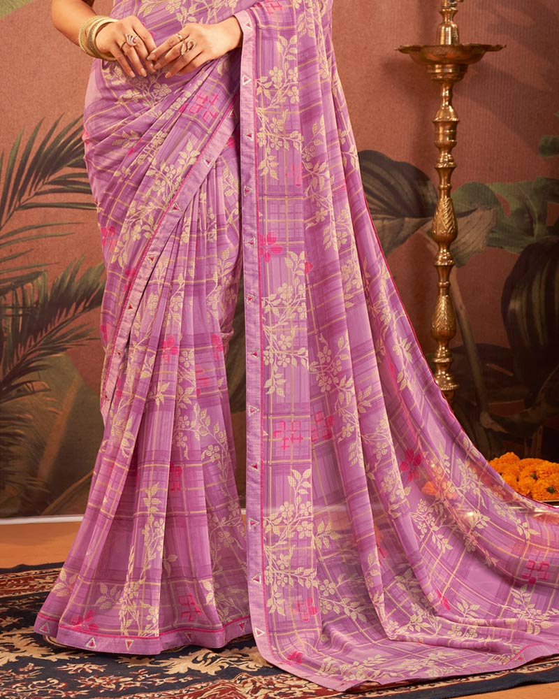 Vishal Prints Pale Violet Printed Georgette Saree With Fancy Border