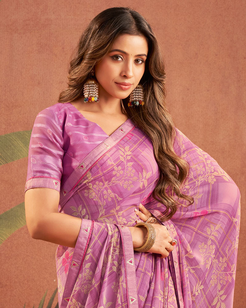 Vishal Prints Pale Violet Printed Georgette Saree With Fancy Border