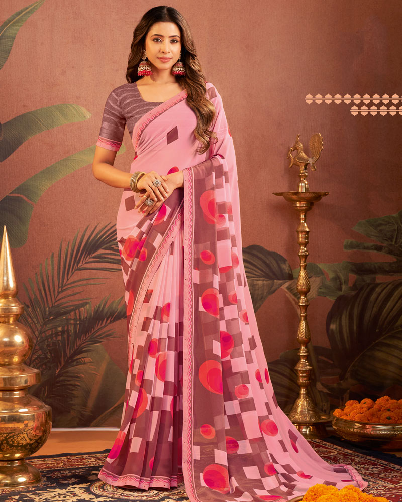 Vishal Prints Baby Pink Printed Georgette Saree With Fancy Border