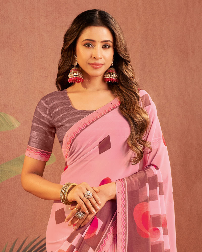 Vishal Prints Baby Pink Printed Georgette Saree With Fancy Border