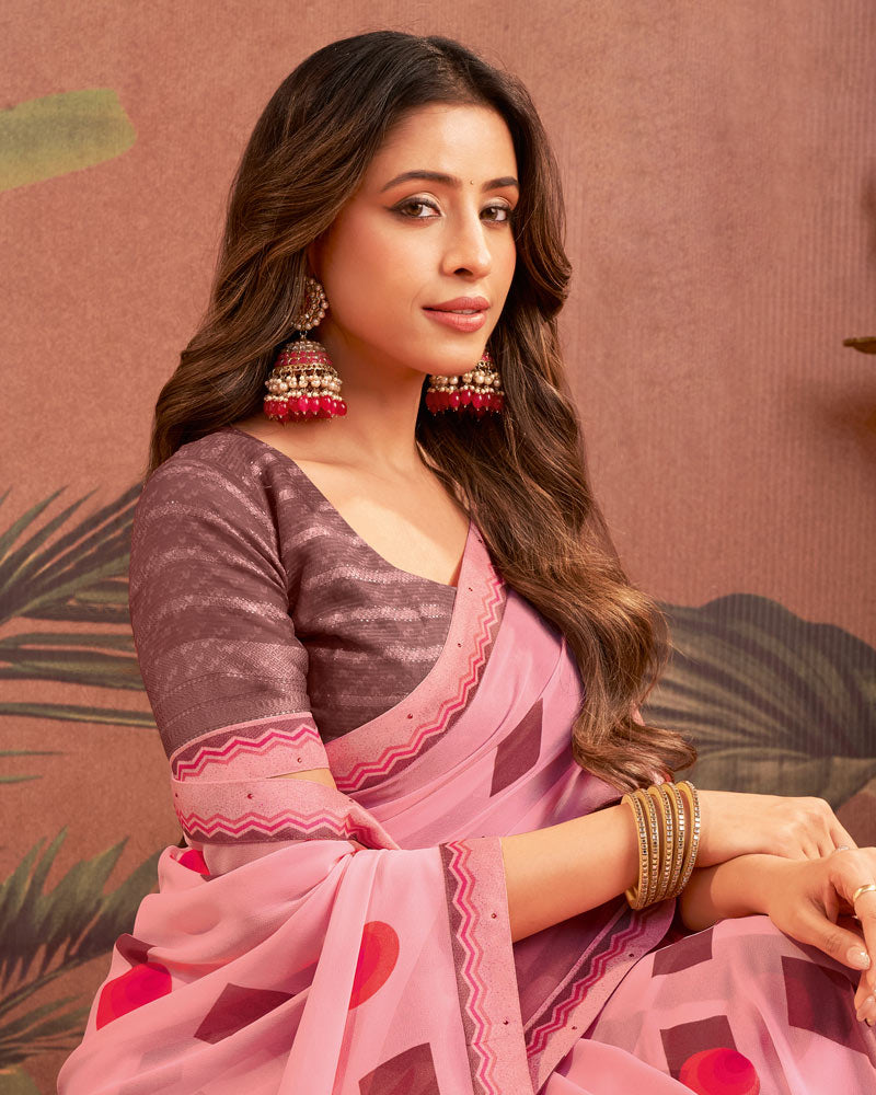 Vishal Prints Baby Pink Printed Georgette Saree With Fancy Border